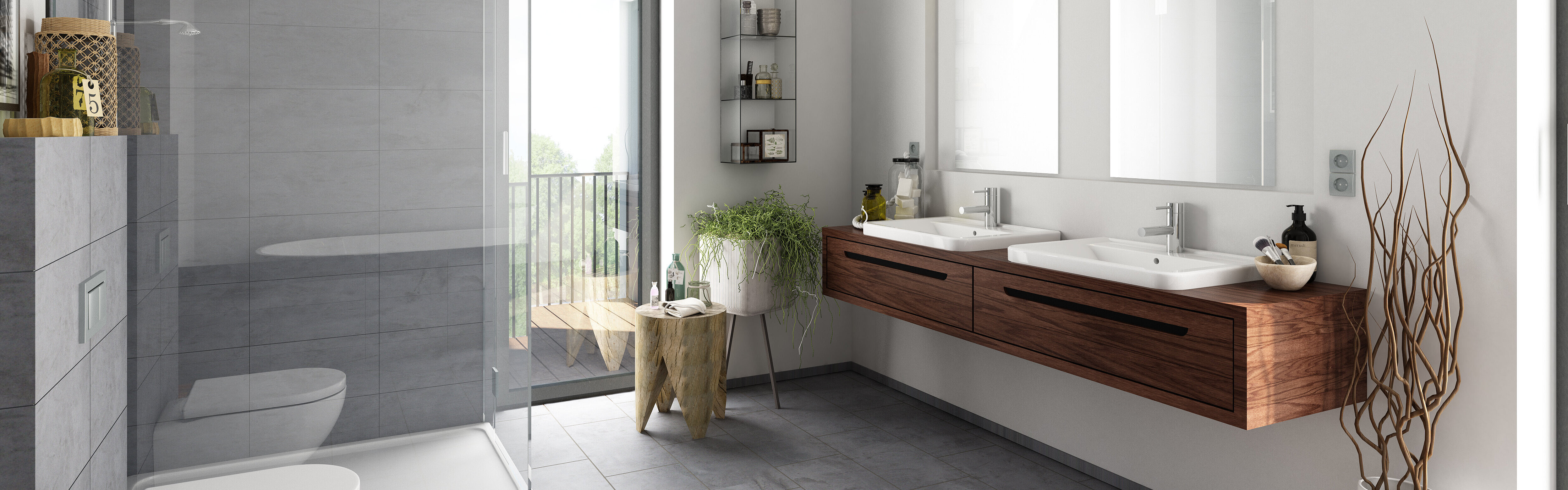 Modernes Badezimmer mit Dusche, zwei großen Spiegeln und Fenstrer