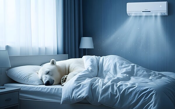 Sinnbild: Ein Eisbär schläft erholsam in einem Bett, während im Hintergrund eine Klimaanlage für eine optimate Temperatur sorgt  