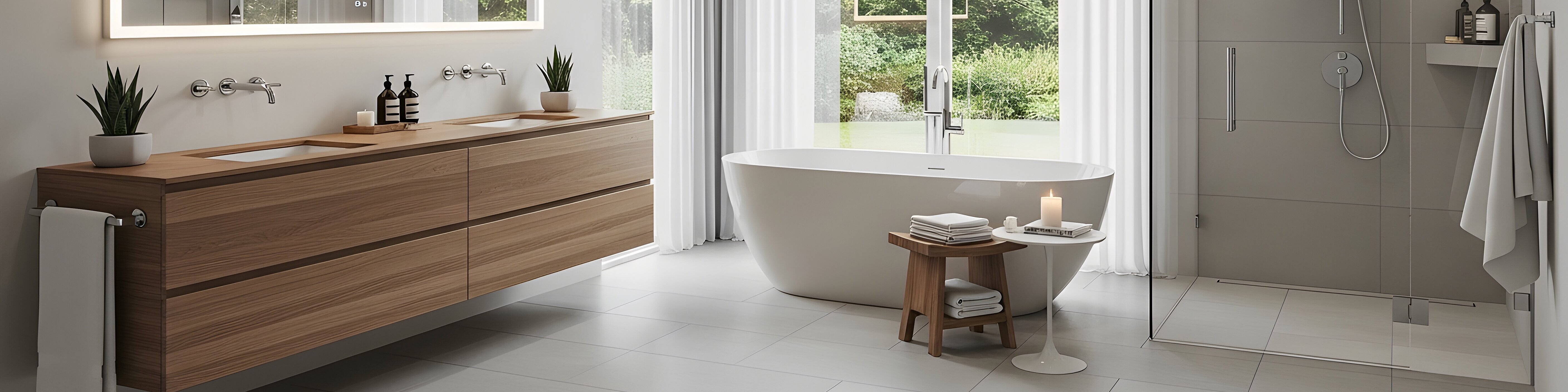 Modernes Badezimmer mit freistehender Badewanne, Dusche, großem Spiegel und Fenstrer