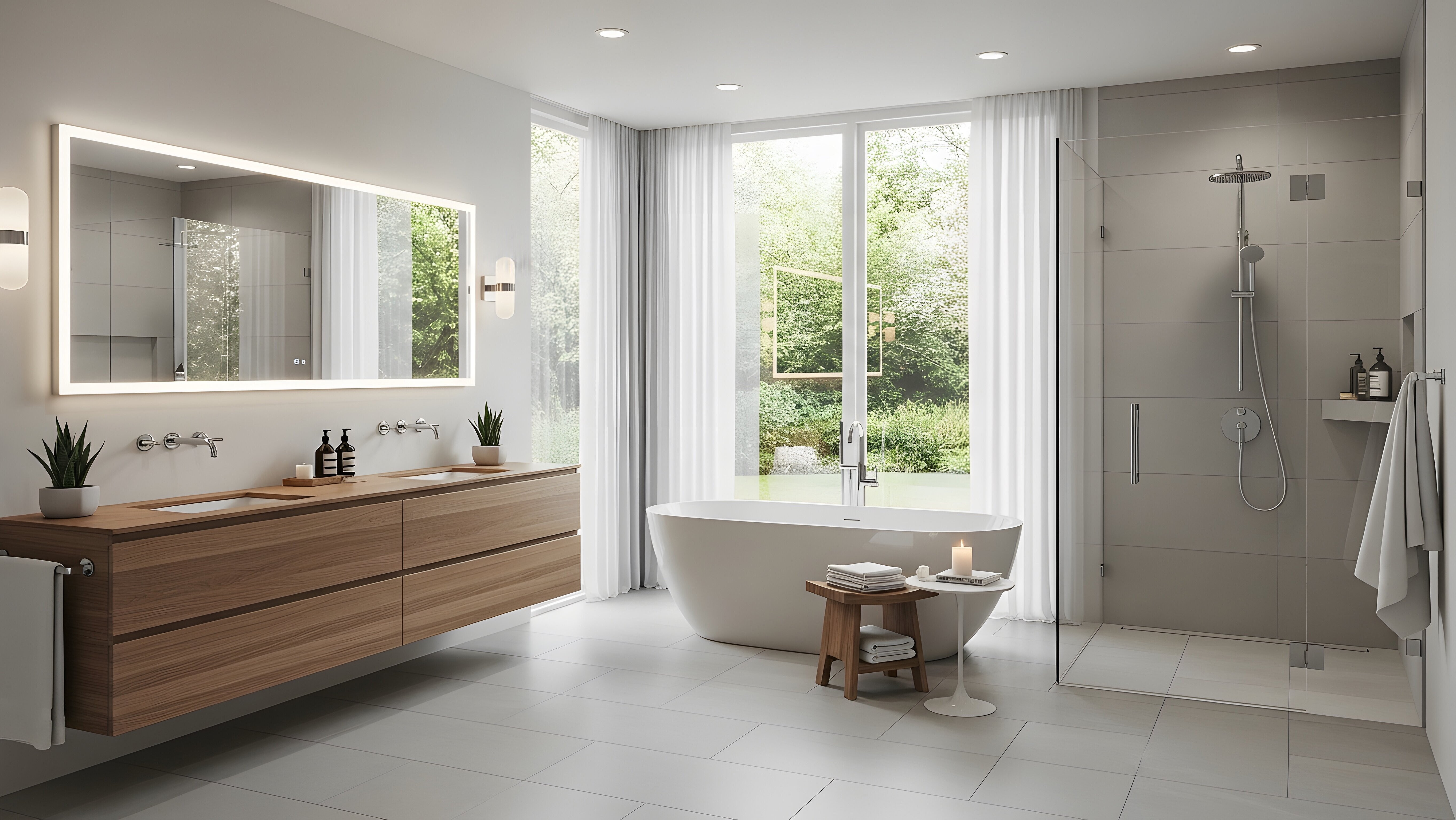 Modernes Badezimmer mit freistehender Badewanne, Dusche, großem Spiegel und Fenstrer