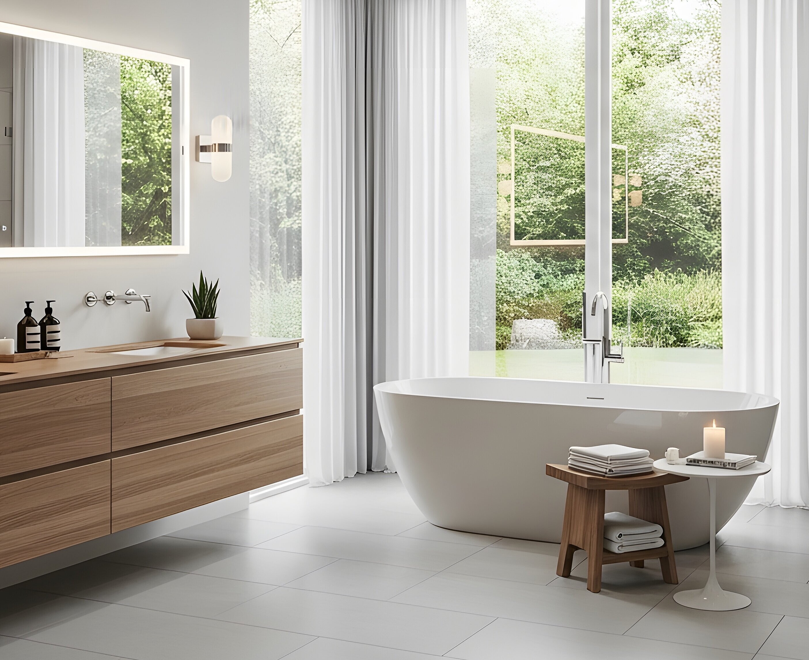 Modernes Badezimmer mit freistehender Badewanne, Dusche, großem Spiegel und Fenstrer