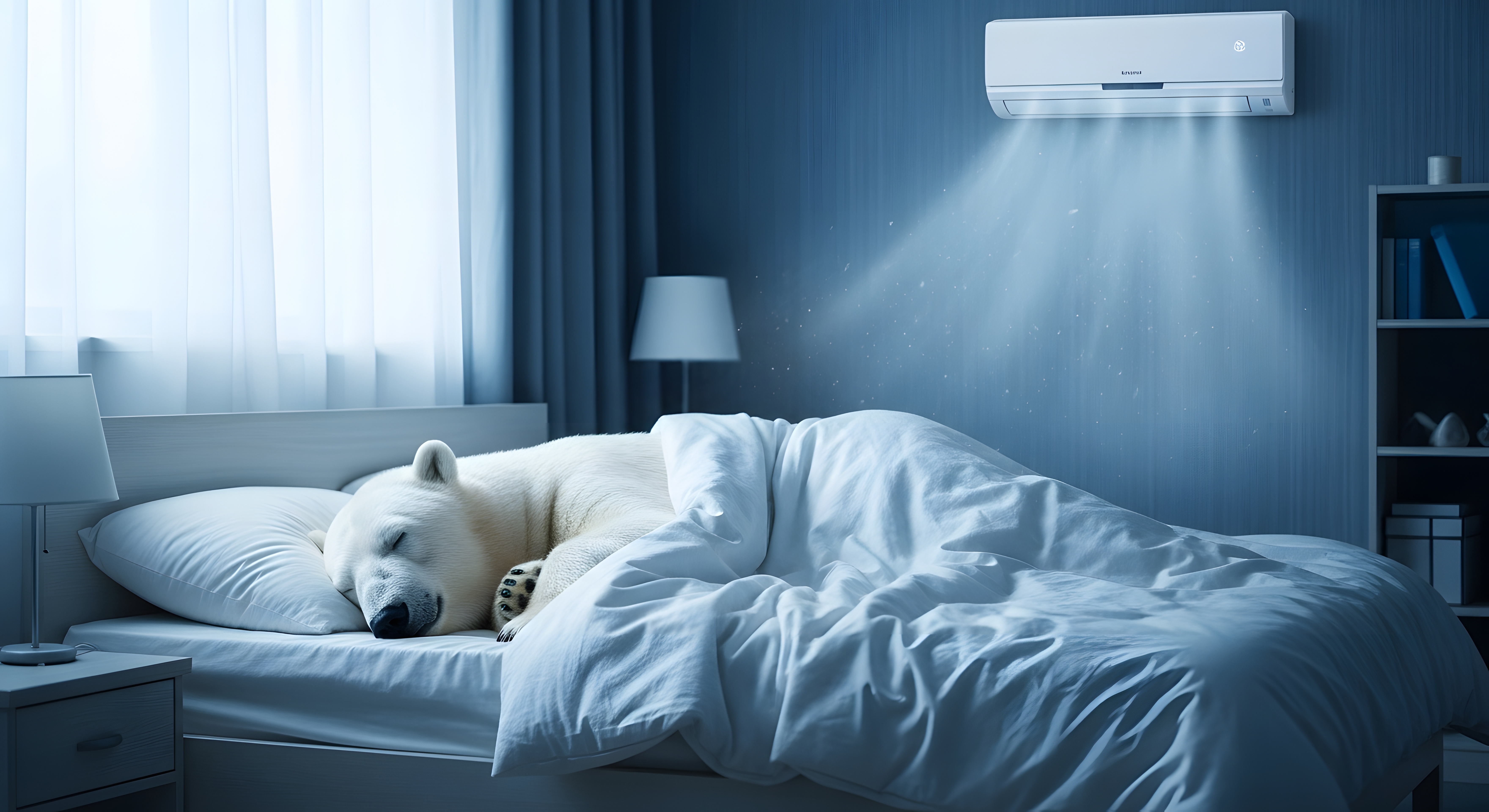 Sinnbild: Ein Eisbär schläft erholsam in einem Bett, während im Hintergrund eine Klimaanlage für eine optimate Temperatur sorgt  